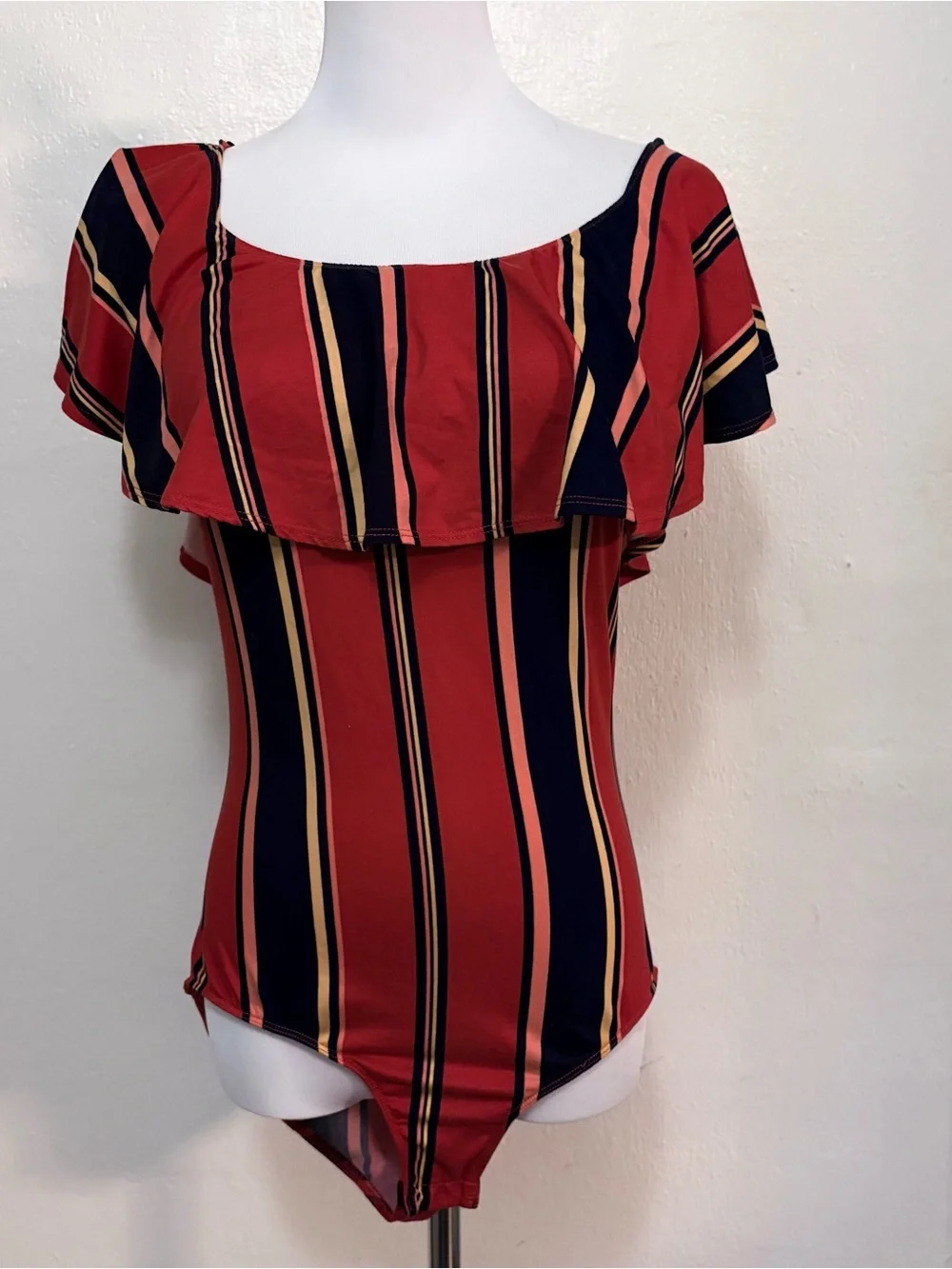 Ups & Bows Off-The-Shoulder Ruffle Vertical Stripe Bodysuit Medium